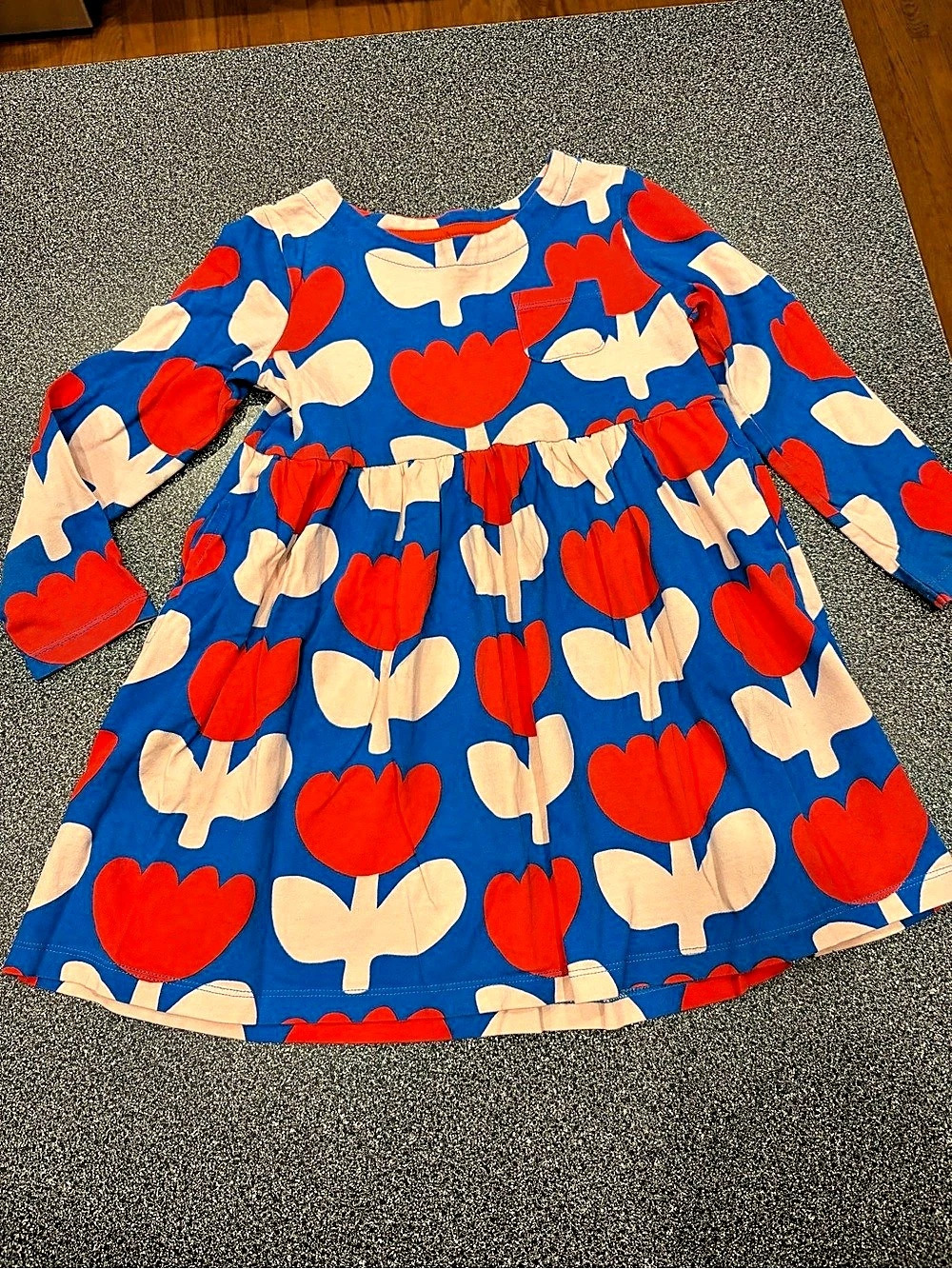 Mini Boden Tulip Print Long Sleeve Jersey Dress Blue & Red Girls 5-6Y